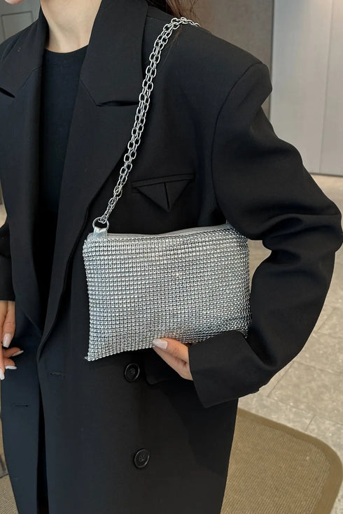 'Aya' Metal Chain Rhinestone Crossbody Bag - Celes Fashion
